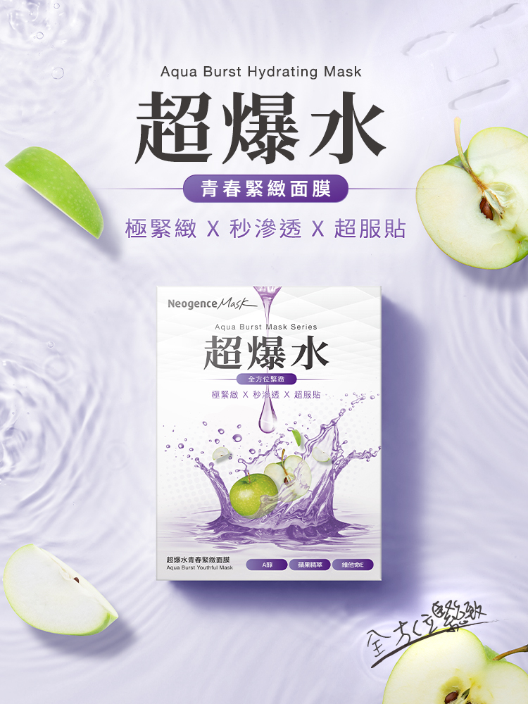 Neogence 霓淨思 Aqua Burst Hydrating Mask 超爆水青春緊緻面膜。主打：極緊緻 X 秒滲透 X 超服貼。全方位緊緻效果，產品包裝含 A 醇、蘋果精萃、維他命 E 等核心成分。
