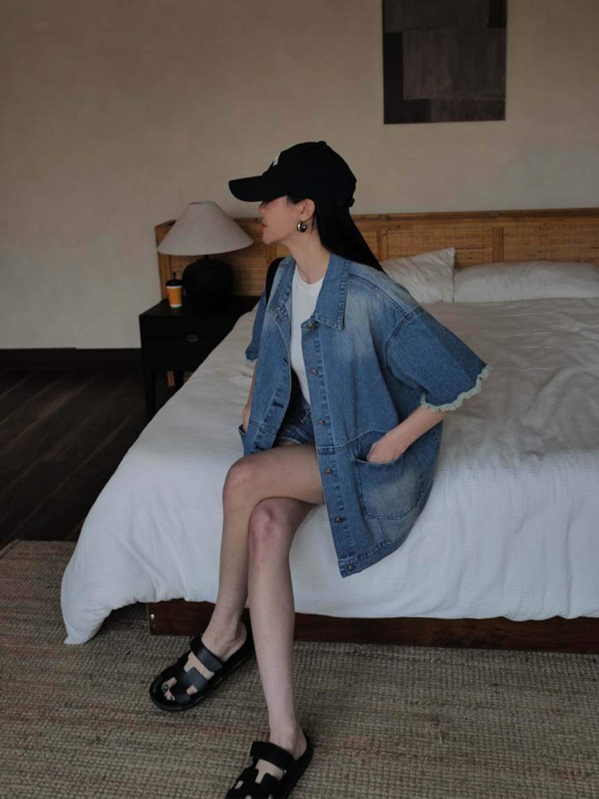 牛仔短袖個性外套-牛仔藍