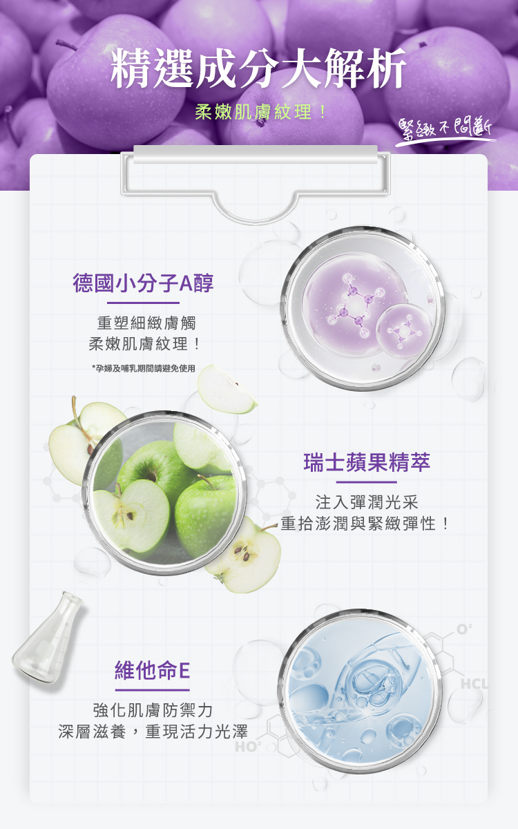 精選成分大解析，柔嫩肌膚紋理，緊緻不間斷。1. 德國小分子 A 醇：重塑細緻膚觸 (註：孕婦及哺乳期間請避免使用)。2. 瑞士蘋果精萃：注入彈潤光采，重拾澎潤與緊緻彈性。3. 維他命 E：強化肌膚防禦力，深層滋養重現活力光澤。