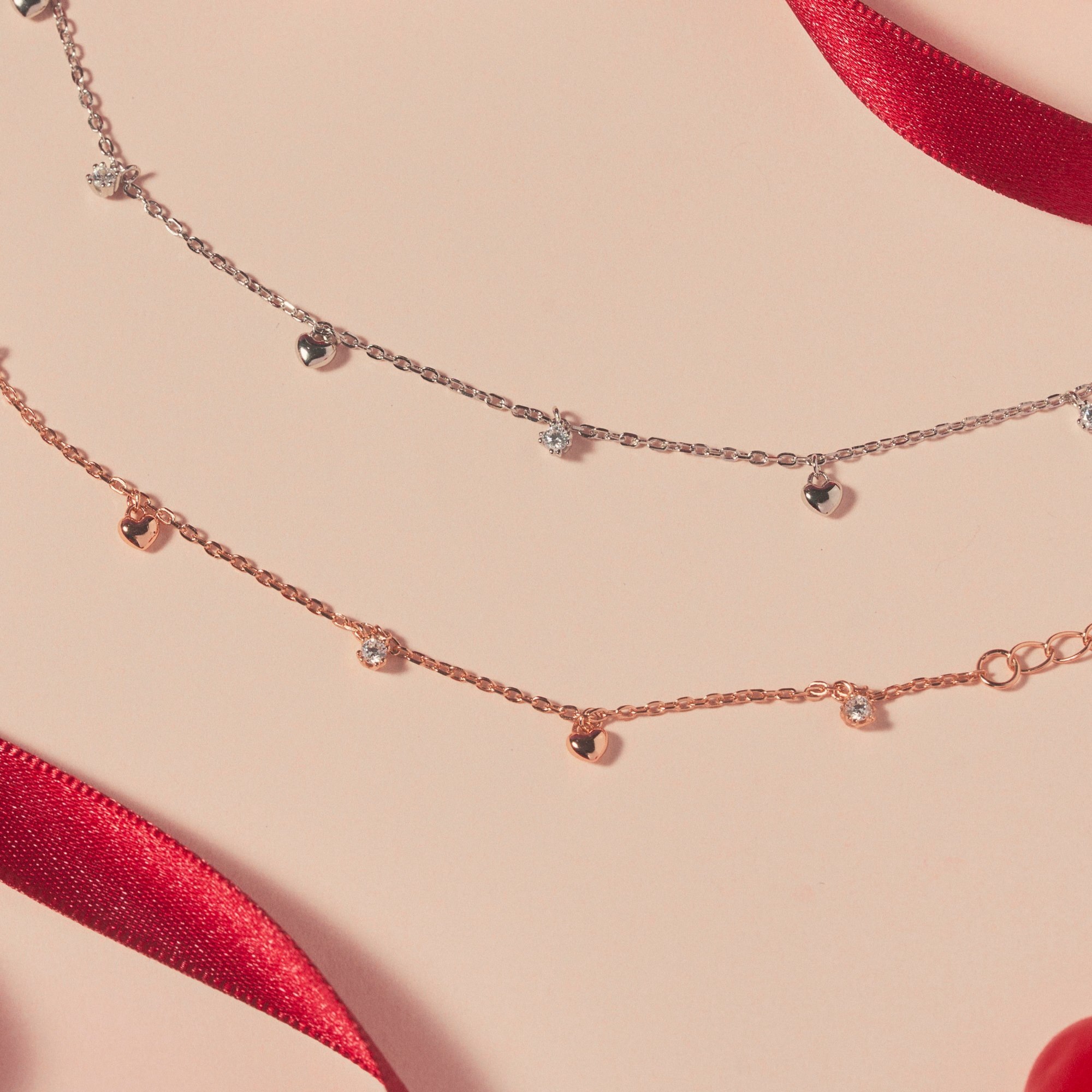 立體愛心造型和鋯鑽的純銀手鍊與玫瑰金手鍊