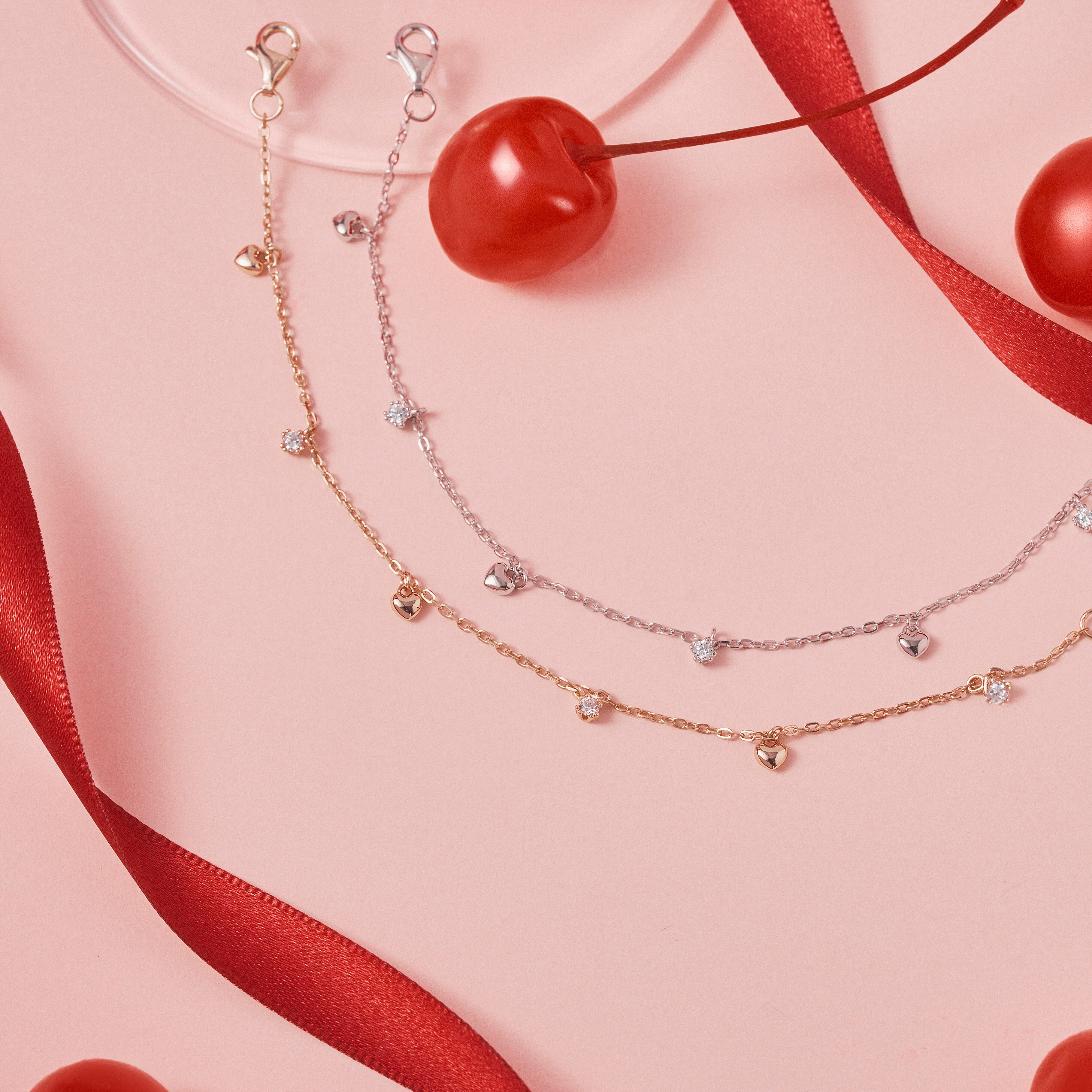 立體愛心造型和鋯鑽的純銀手鍊與玫瑰金手鍊