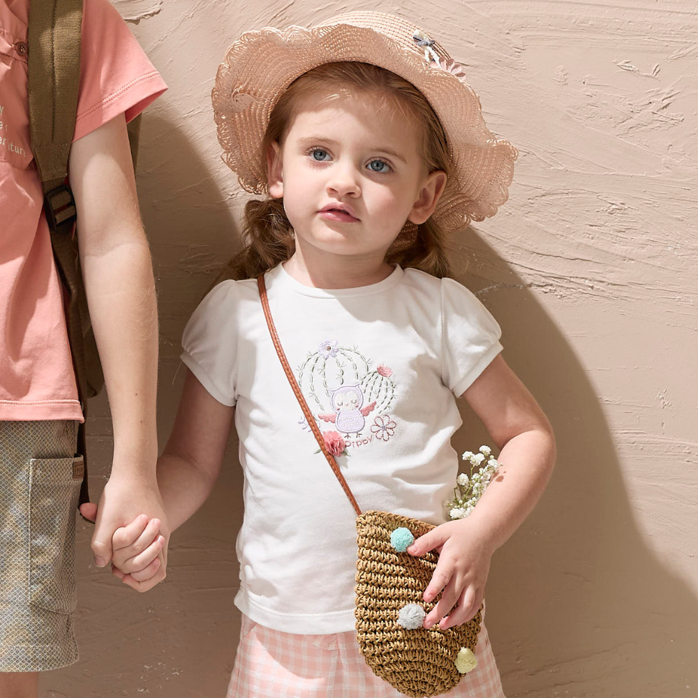 PIPPY 萌萌仙人掌貓頭鷹彈性棉棉圓領短袖上衣 米白