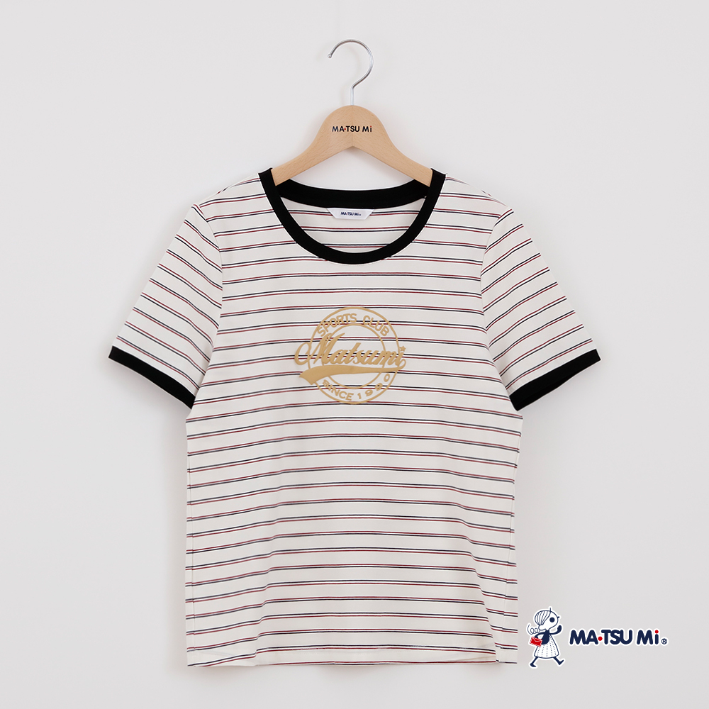 MA‧TSU Mi 撞色滾邊復古運動學院徽章圖短袖上衣(白.米白)