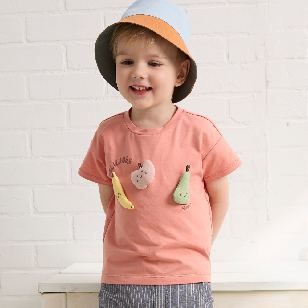 PIPPY 立體水果王國裝飾彈性棉圓領短袖上衣 橘紅