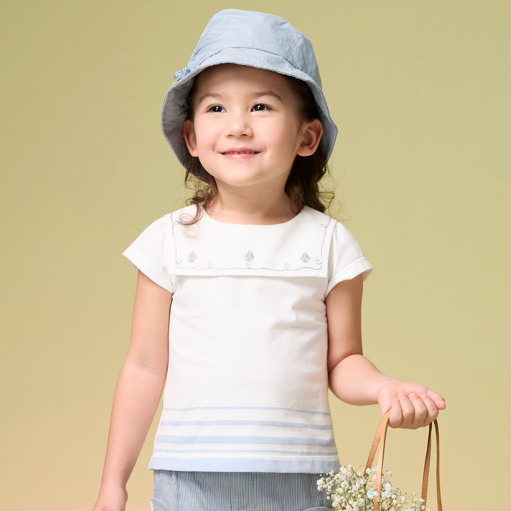 PIPPY優雅小帆船彈性棉水手領短袖上衣 白