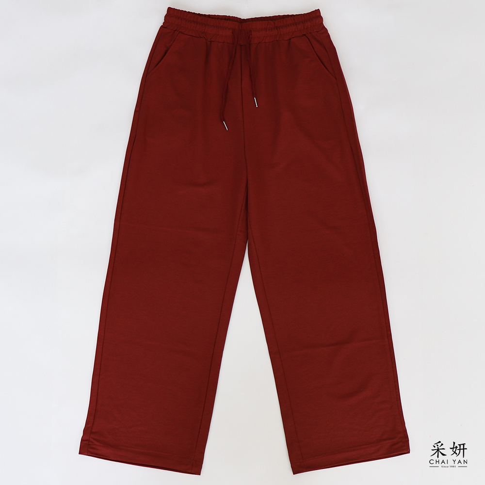 素色拉繩口袋彈力薄直筒長褲