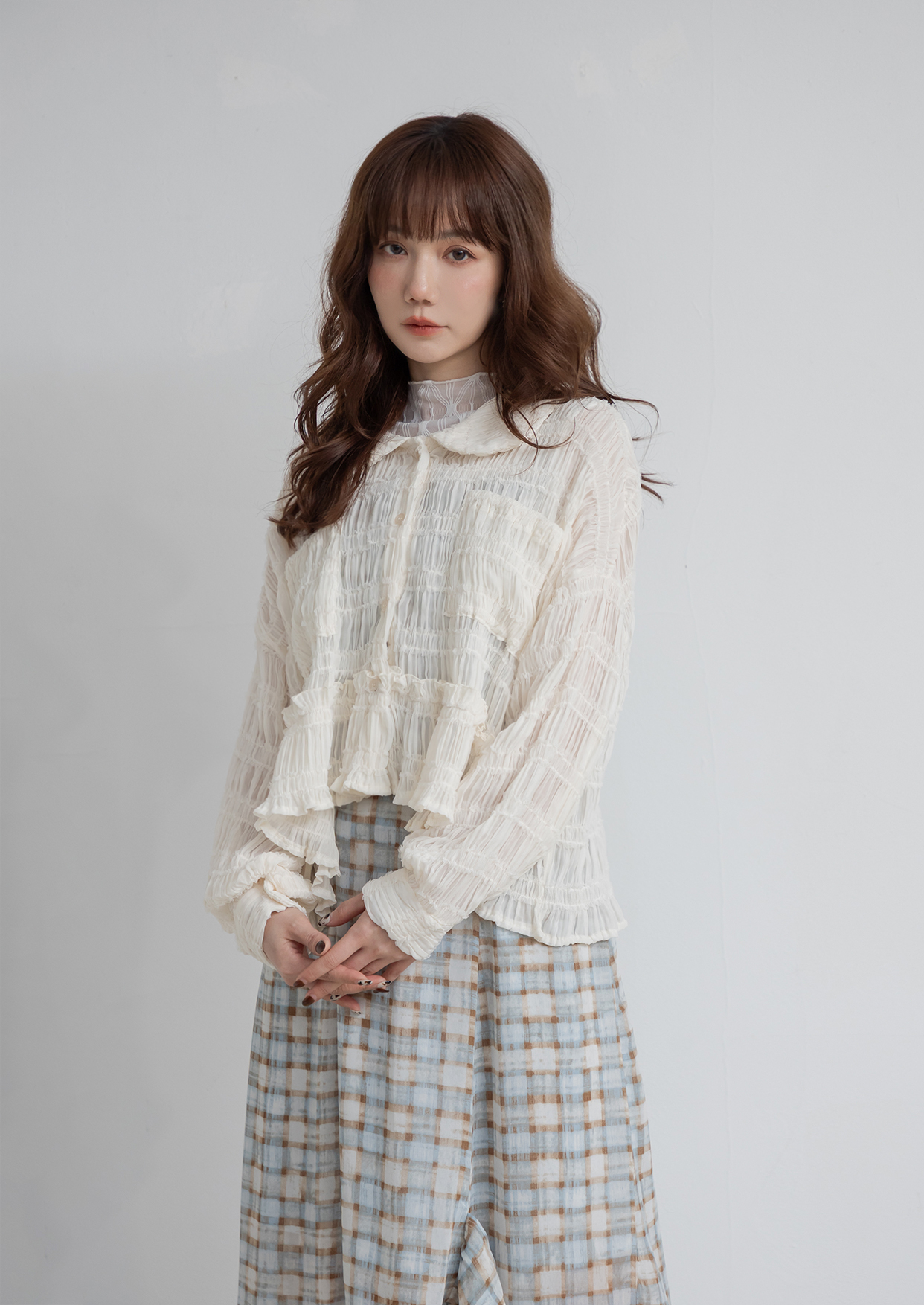 荷葉娃娃領抓褶襯衫外套