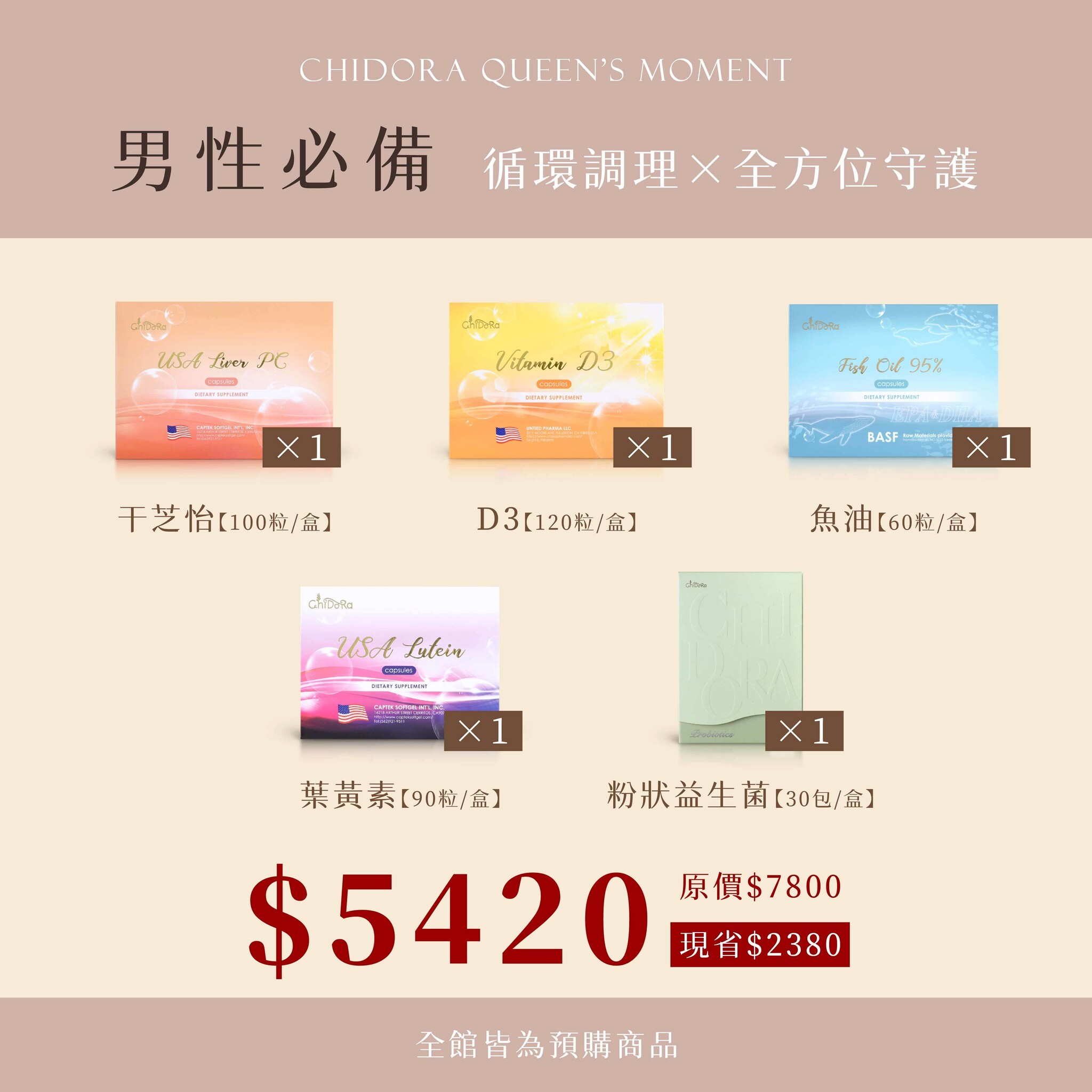 男生必備組合:干芝怡X1+D3X1+魚油X1+葉黃素X1+粉狀益生菌X1$5420