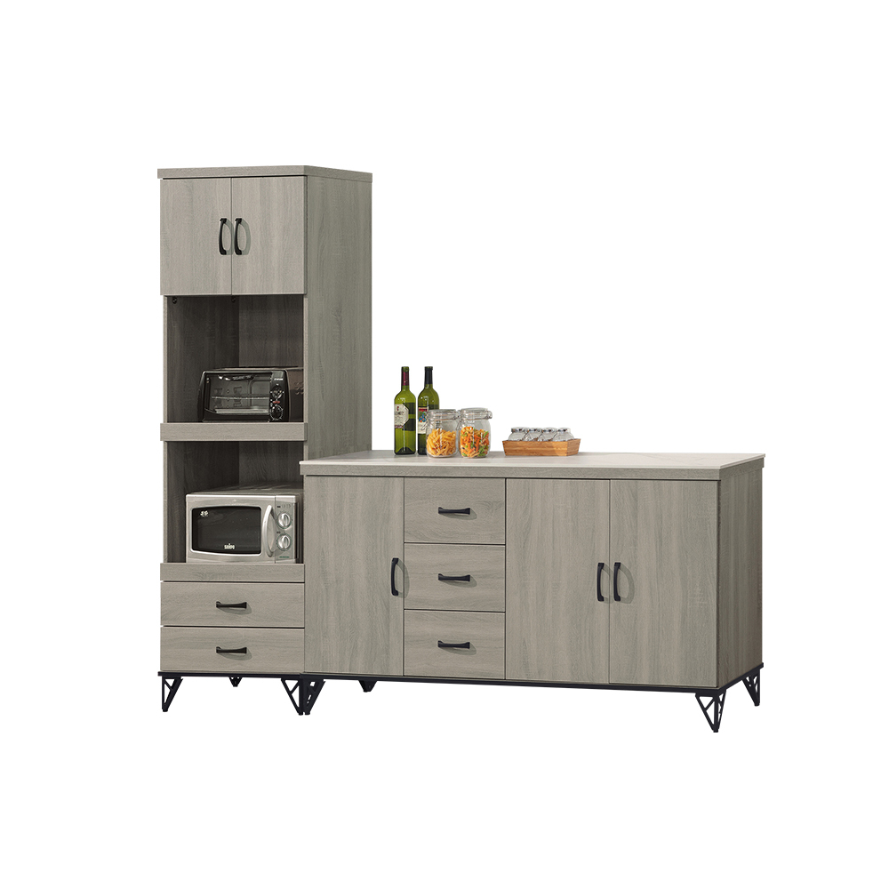 柏蒂家居-卡特森7.4尺多功能L型收納岩板餐櫃組合(2尺拉盤式高電器櫃+5.4尺碗盤置物矮櫃)