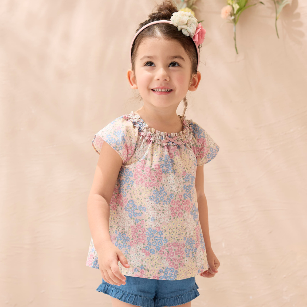 PIPPY 清新小碎花波浪抽皺圓領一分袖上衣 粉