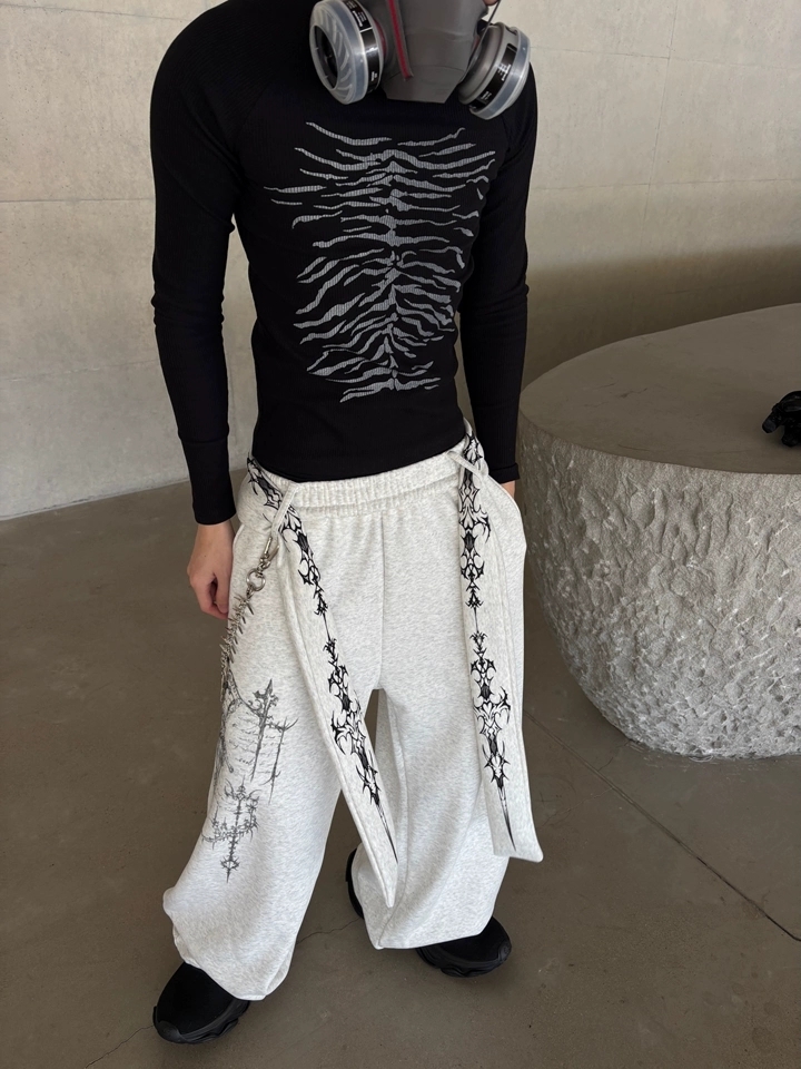 『RB』春款美式高街圖騰印花可拆飄帶彎刀寬褲