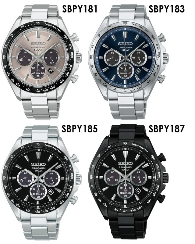 精工 Seiko Selection 計時碼錶模擬太陽能不鏽鋼錶帶腕錶 SBPY181 棕色錶盤 / SBPY183 藍色錶盤，SBPY185 黑色錶盤，SBPY187 黑色錶盤及錶殼