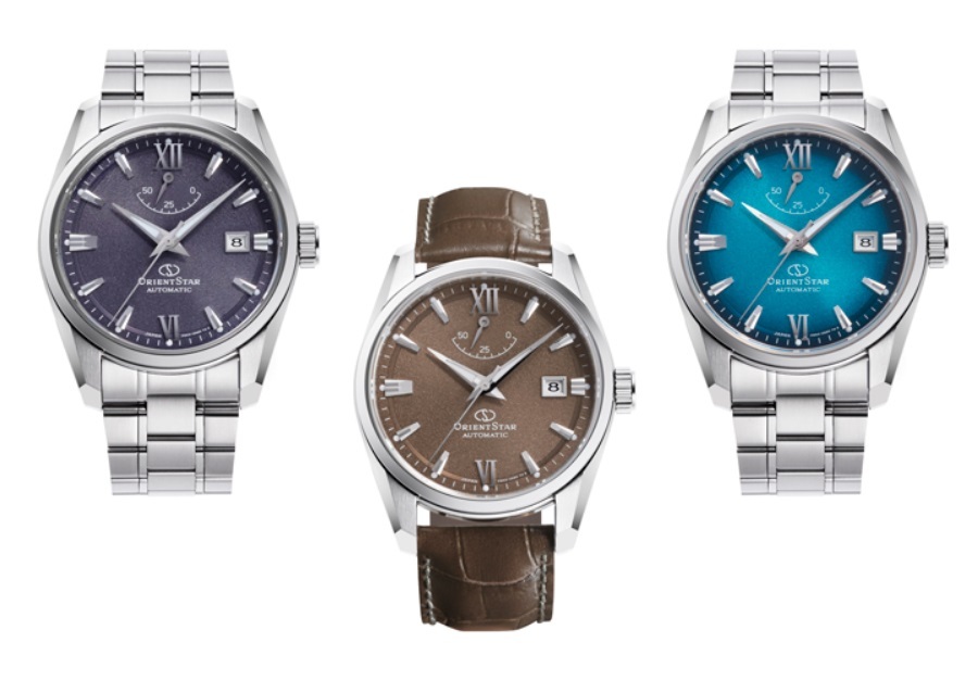 東方之星 Orient Star Contemporary Date with New Dial Designs RK-AU0112V 紫色錶盤，RK-AU0113Y 棕色錶盤，搭配皮錶帶, RK-AU0114E 綠色漸變錶 自動上鍊機芯 ,動力儲存達 50 小時