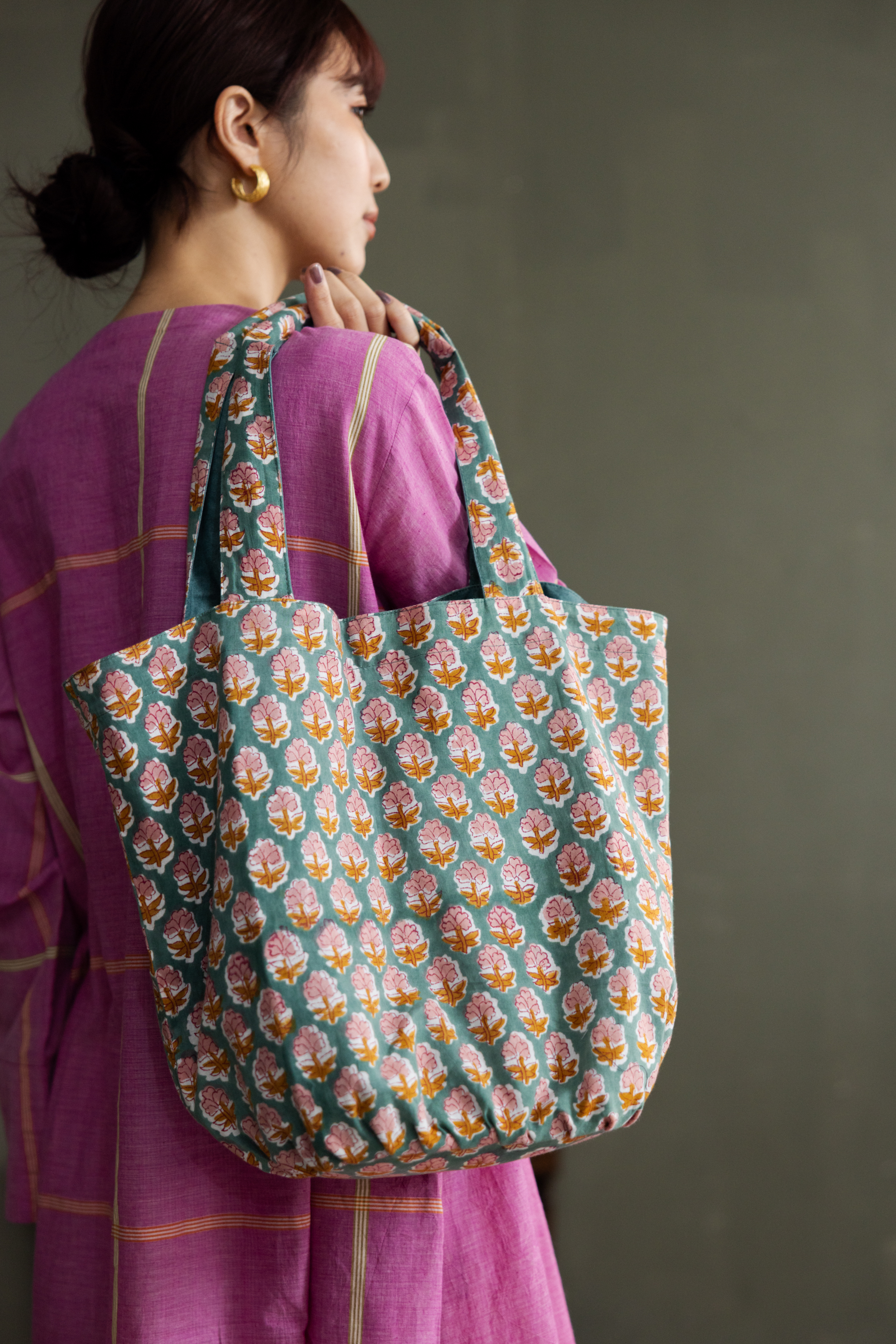 雙面布料托特包立體方包_綠花