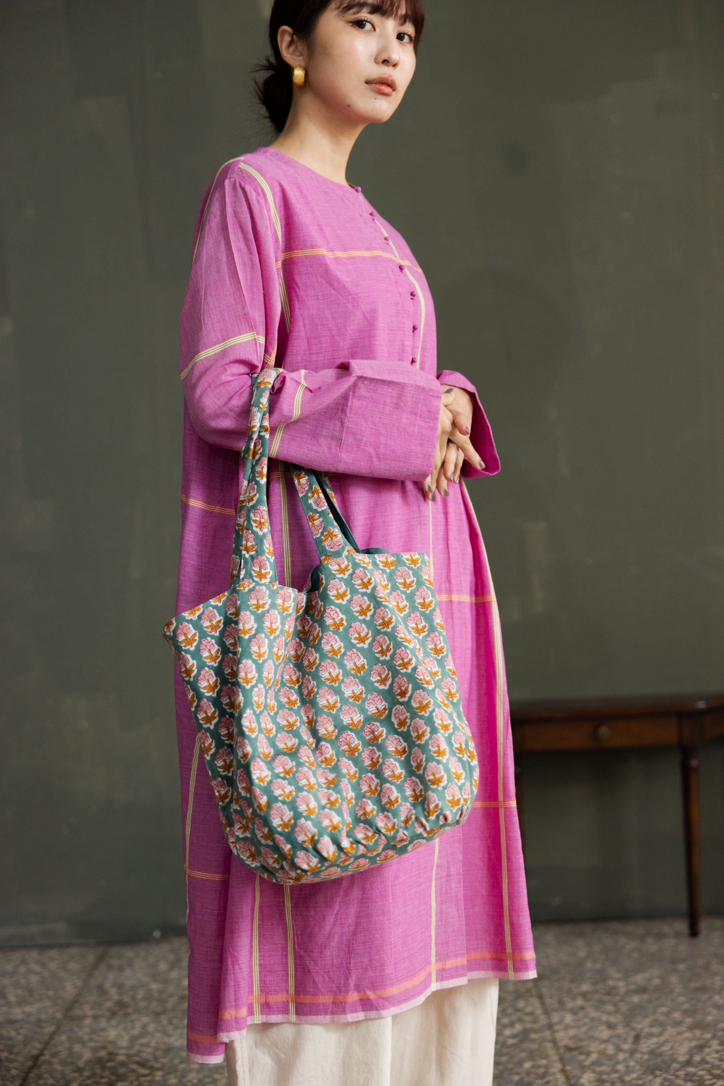 雙面布料托特包立體方包_綠花