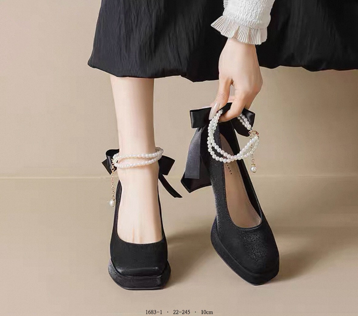 1683-1韓國法式珍珠鏈方頭高跟鞋