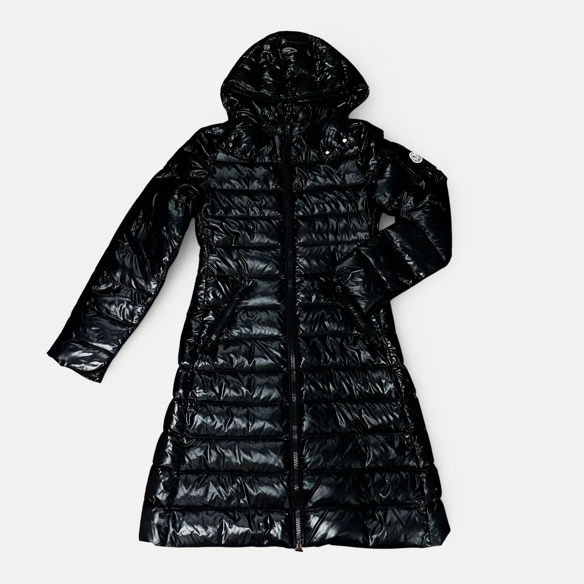 95%NEW二手MONCLER羽絨長外套 00/ XXS碼 黑色流線型 可拆式風帽 #香榭站正品