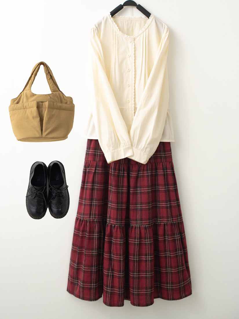 壓褶蕾絲腰長袖上衣格紋法蘭絨蛋糕裙組合