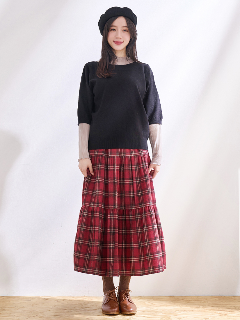 船型領針織上衣木耳邊上衣格紋蛋糕裙組合