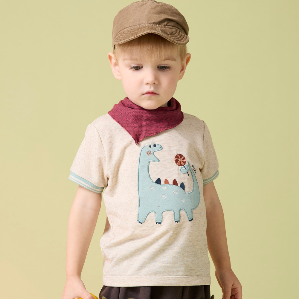 PIPPY大嘴恐龍吃糖俏皮刺繡剪接圓領短袖上衣 米白