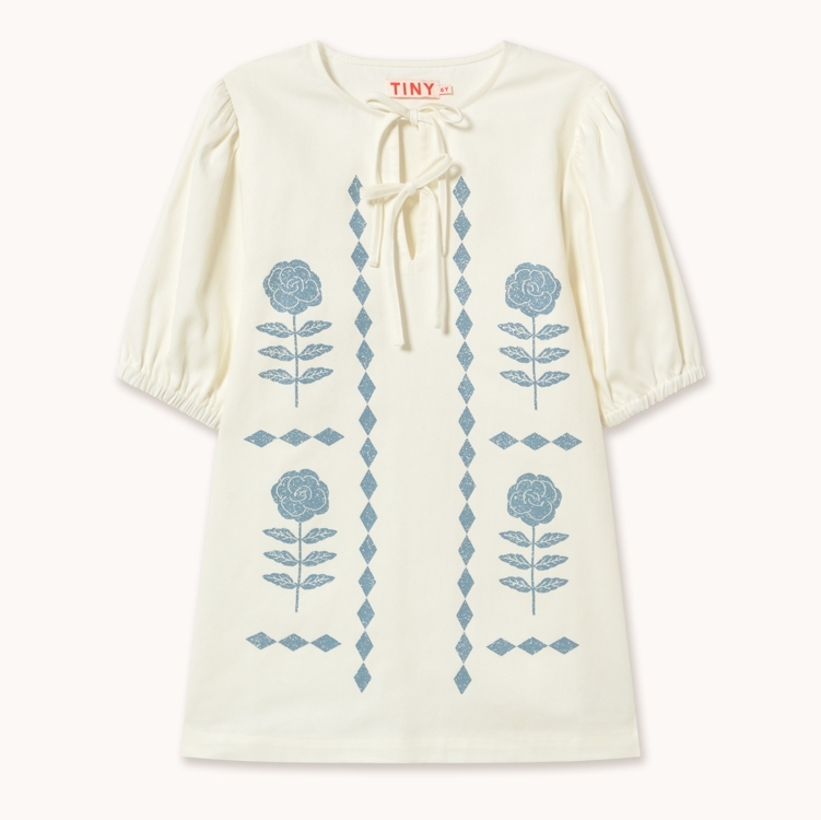 TINYCOTTONS 領口綁帶藍玫瑰洋裝 FLOWER PATTERN DRESS - off-white
