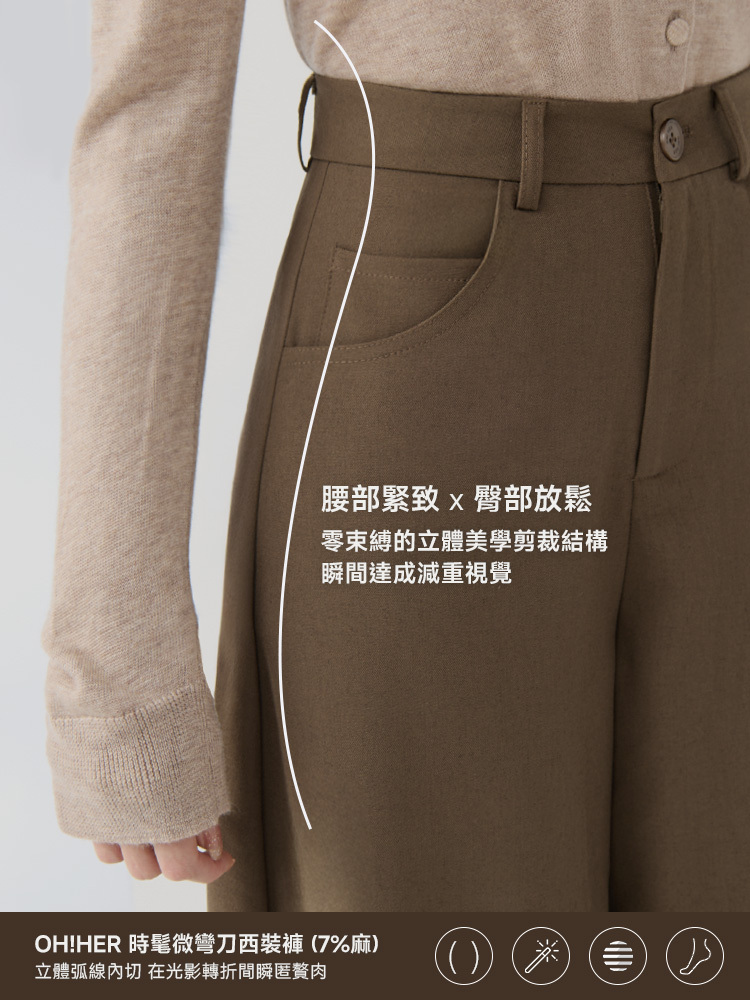 OH!HER 時髦微彎刀西裝褲（7%麻）