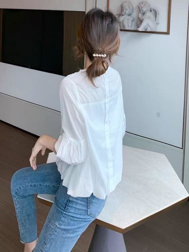 2508-法式蕾絲7分燈籠袖後排釦雪紡上衣