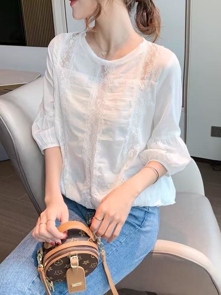 2508-法式蕾絲7分燈籠袖後排釦雪紡上衣