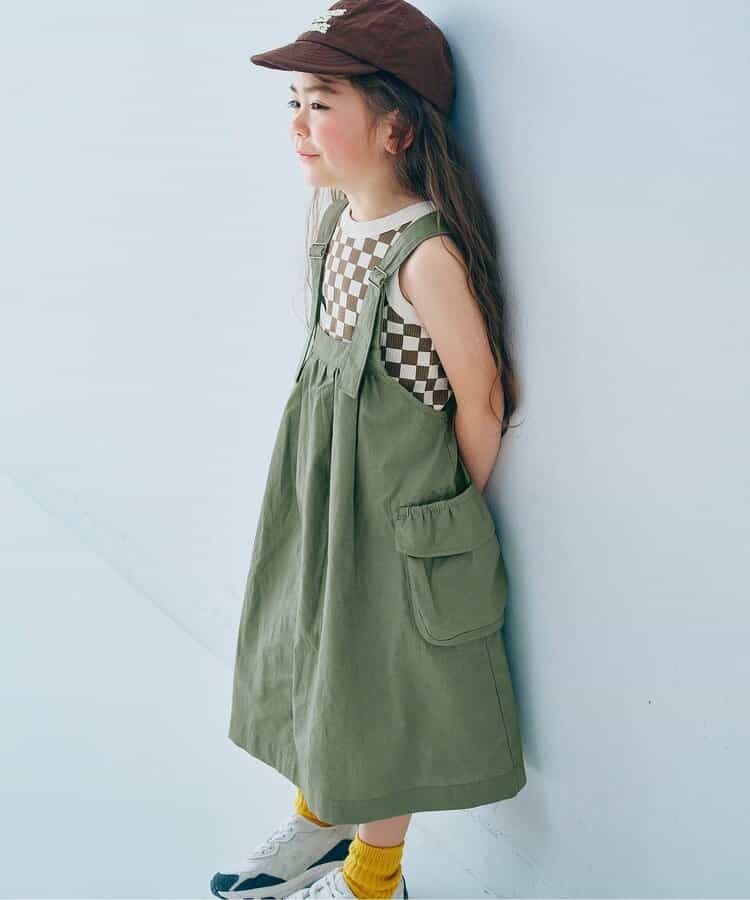 日本 p.premier 大口袋 工裝風格 吊帶洋裝 (軍綠色，120) P217026