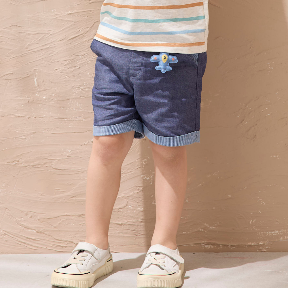 PIPPY休閒系一飛沖天飛機百搭反摺棉質短褲 藍