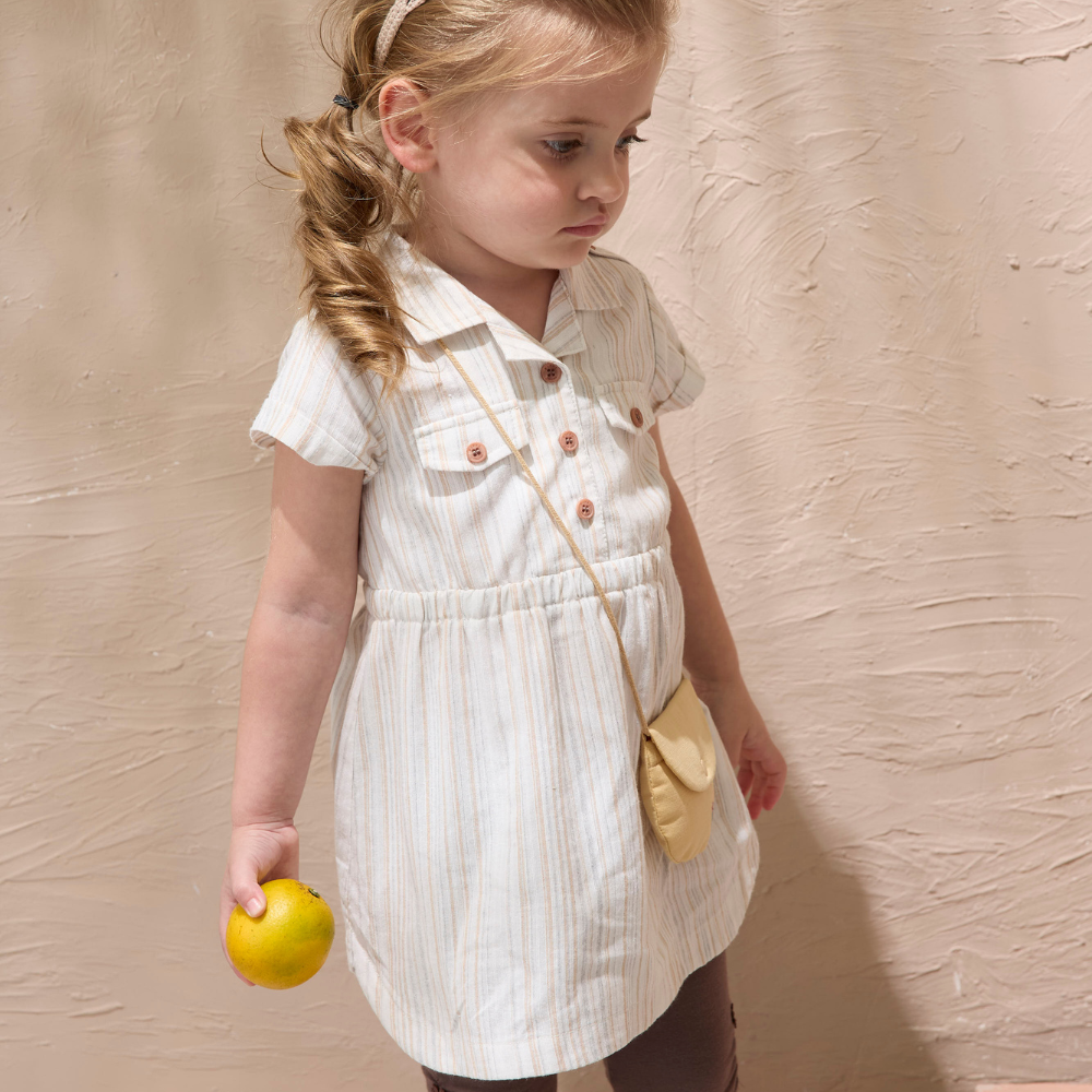 PIPPY 純棉氣質條紋翻領短袖洋裝附精緻小包包  卡其