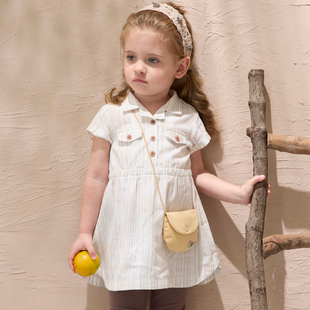 PIPPY 純棉氣質條紋翻領短袖洋裝附精緻小包包  卡其