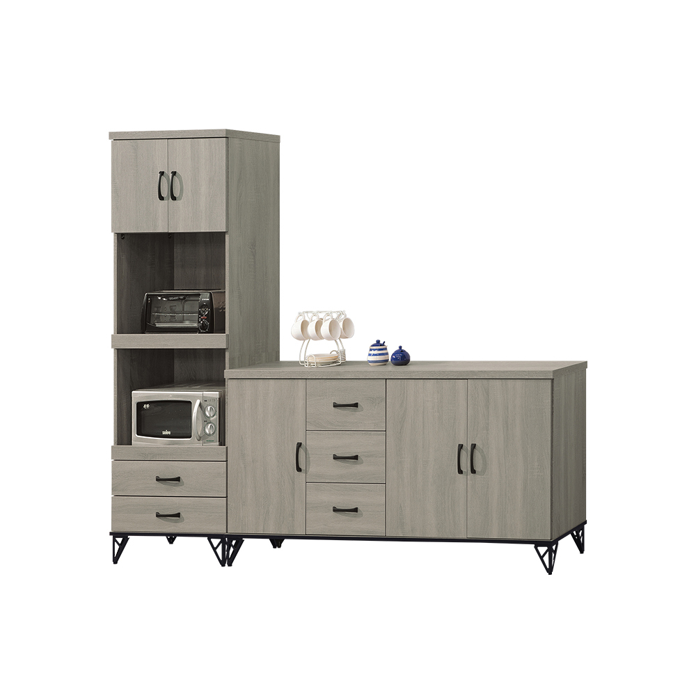 柏蒂家居-卡特森7.4尺多功能L型收納餐櫃組合(2尺拉盤式高電器櫃+5.4尺碗盤置物矮櫃)