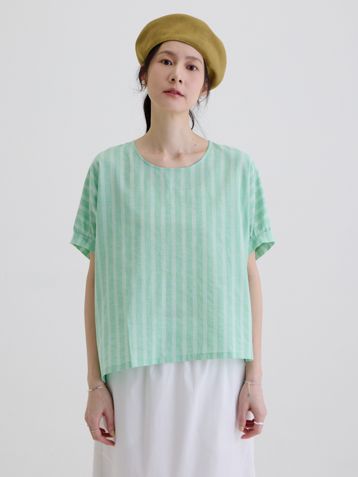 煮字短袖造型上衣-綠條紋