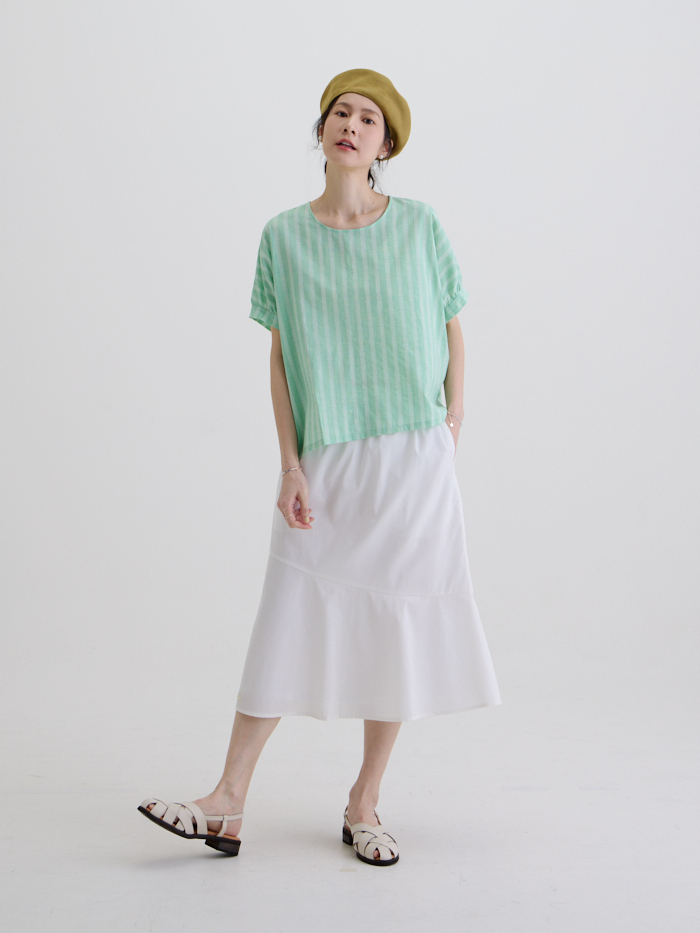 煮字短袖造型上衣-綠條紋