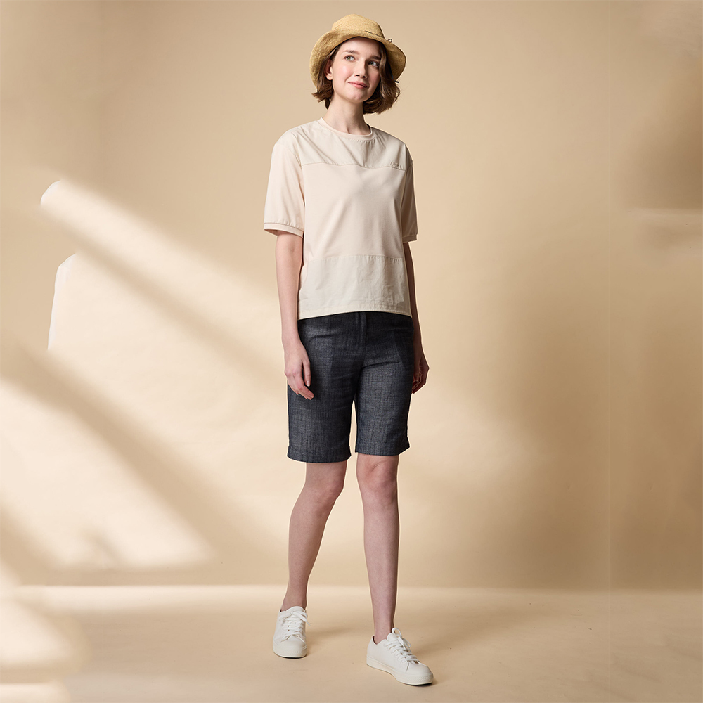 PIPPY 活潑剪接圓領落肩5分袖上衣 米