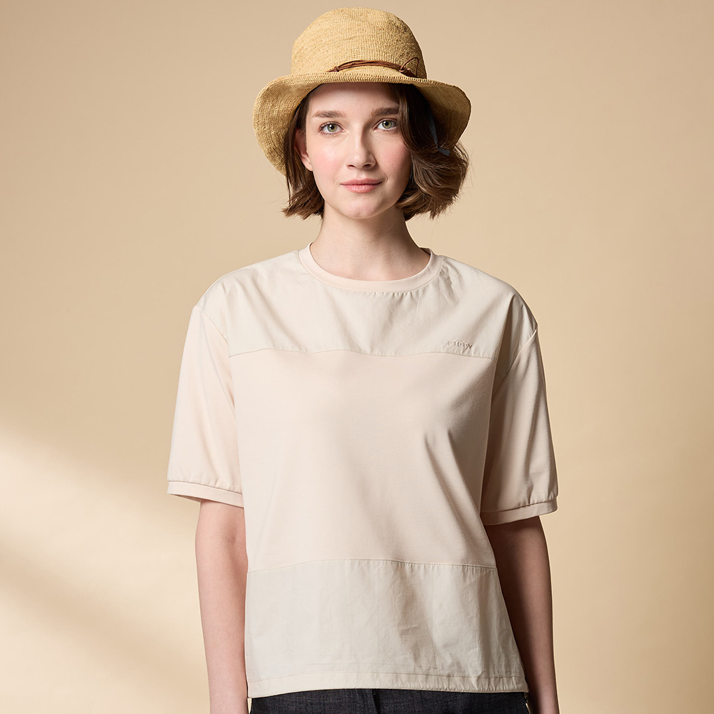 PIPPY 活潑剪接圓領落肩5分袖上衣 米