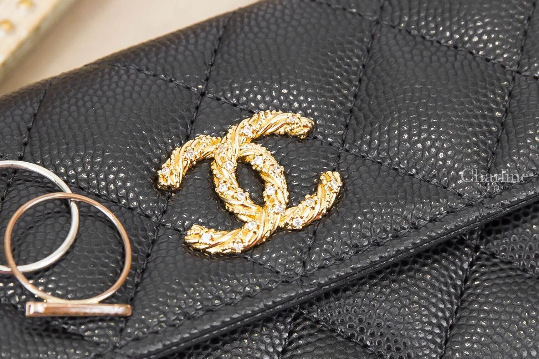 Chanel Card Holder 黑色扭轉交織水鑽點綴金CC荔枝菱格紋零錢夾