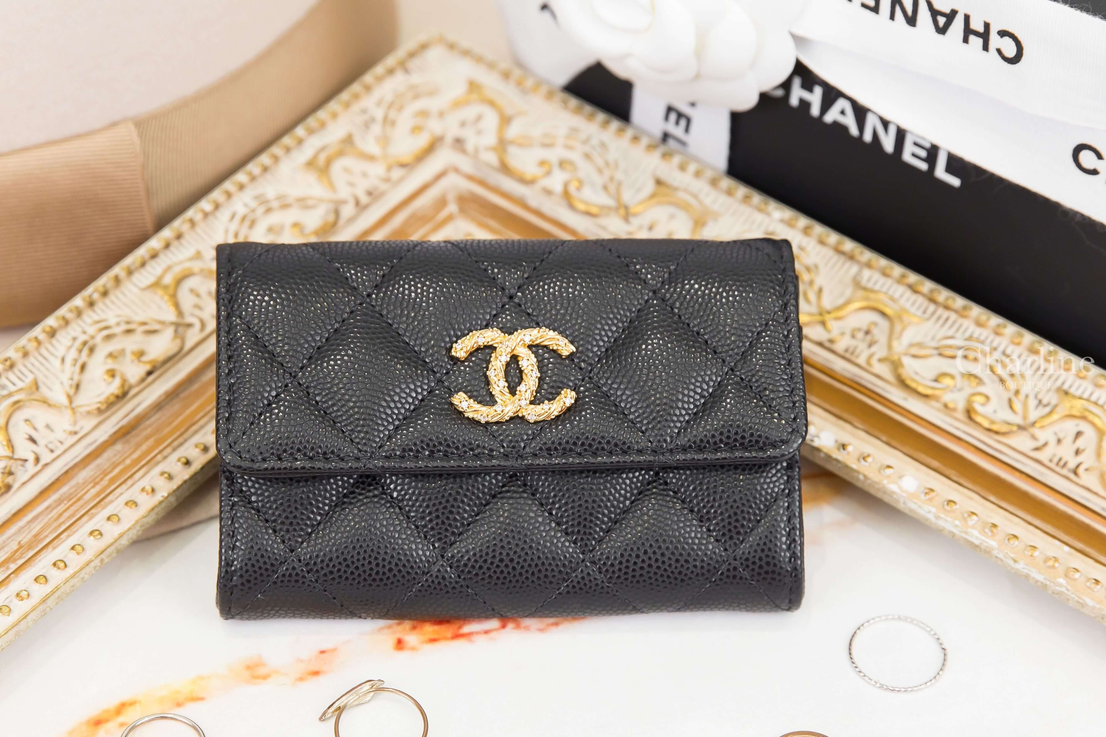 Chanel Card Holder 黑色扭轉交織水鑽點綴金CC荔枝菱格紋零錢夾