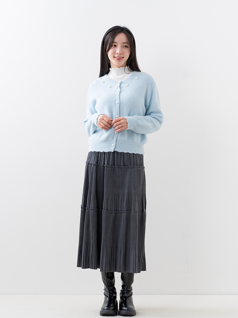 木耳邊上衣珍珠小花針織外套紋理絨感長裙