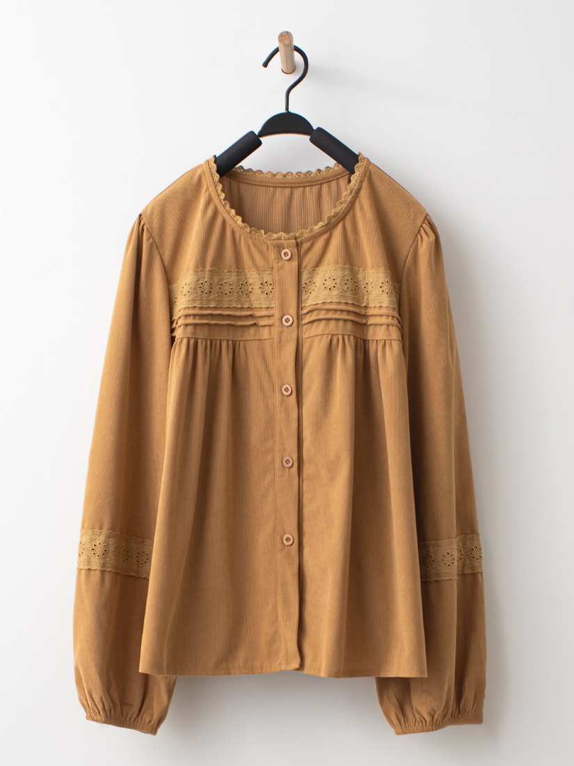 圓領棉布蕾絲壓褶條絨長袖上衣