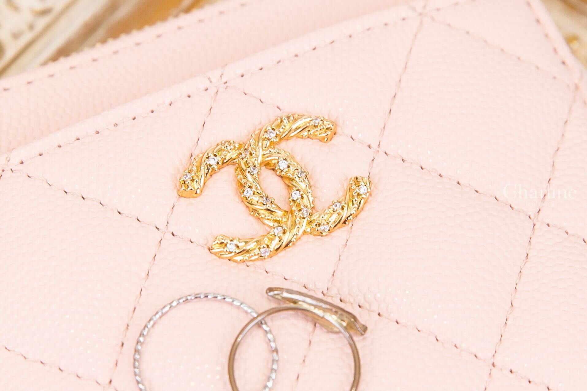 Chanel Zipped Coin Purse 粉色扭轉交織水鑽點綴金CC荔枝菱格紋卡片拉鍊零錢夾