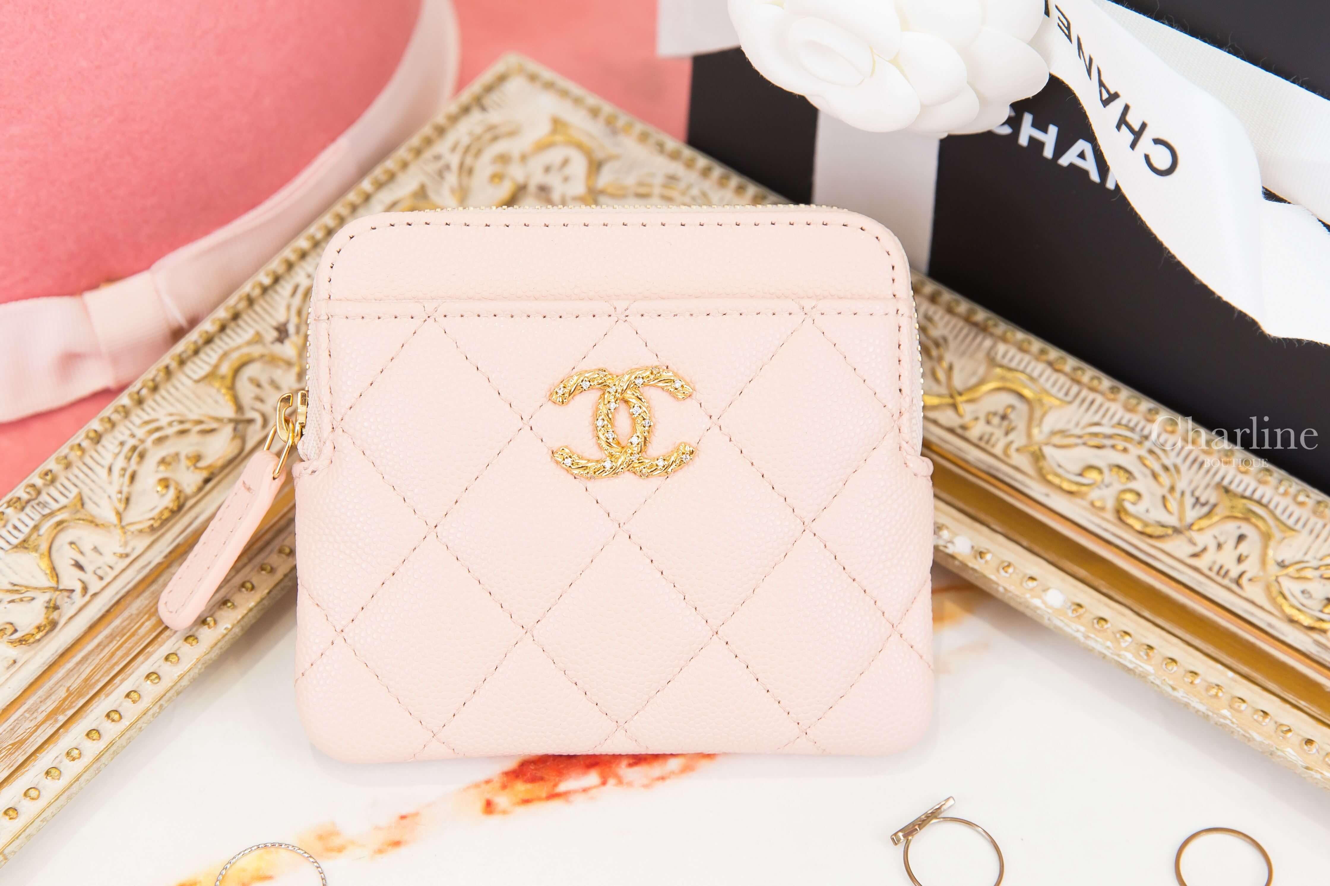 Chanel Zipped Coin Purse 粉色扭轉交織水鑽點綴金CC荔枝菱格紋卡片拉鍊零錢夾