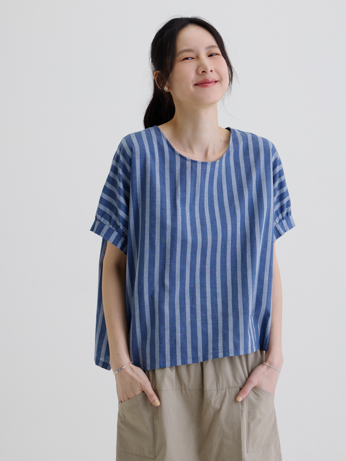 煮字短袖造型上衣-藍條紋