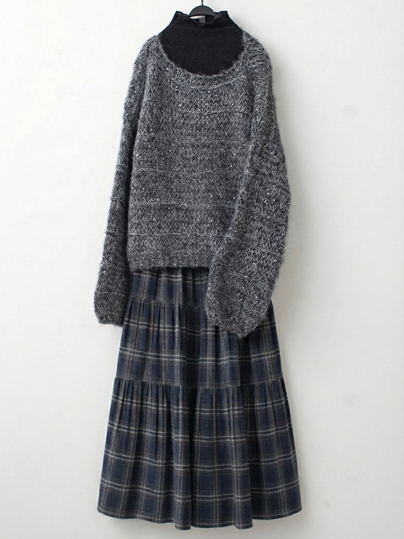 混色亮片紗毛衣蕾絲紋理立領內搭蘇格蘭格紋法蘭絨蛋糕長裙組合