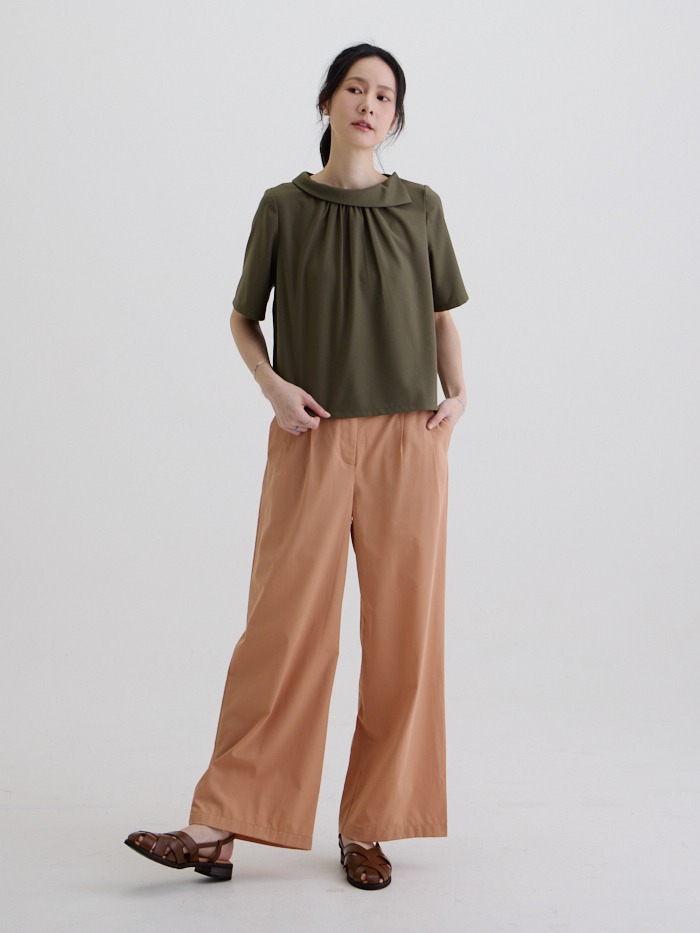 翻領抹茶短袖上衣-軍綠