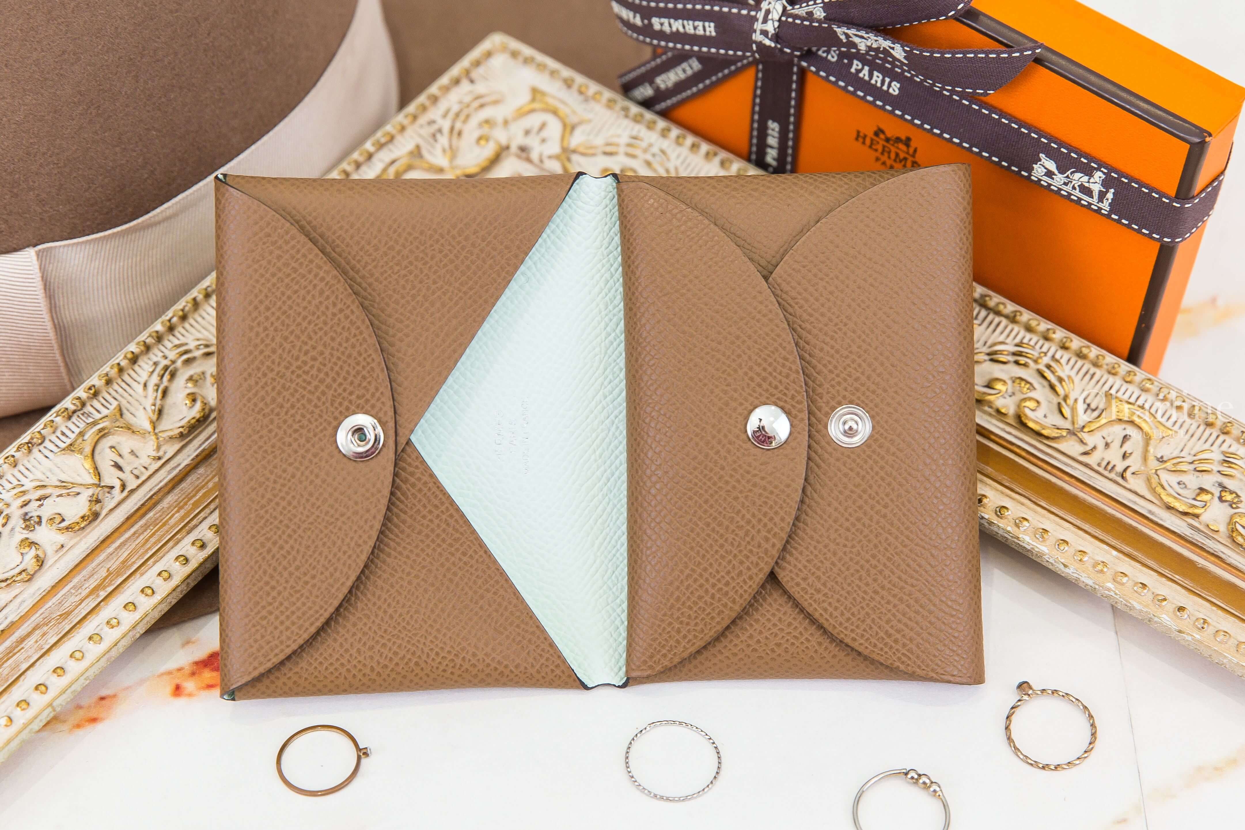 Hermès Calvi Duo Compact Verso Card Holder 栗子色拼新薄荷綠內裡信封釦式零錢袋卡片夾