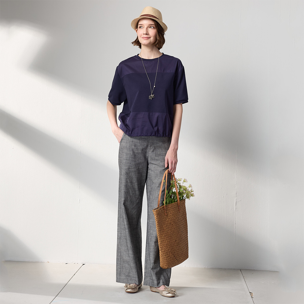 PIPPY 活潑剪接圓領落肩5分袖上衣 藍