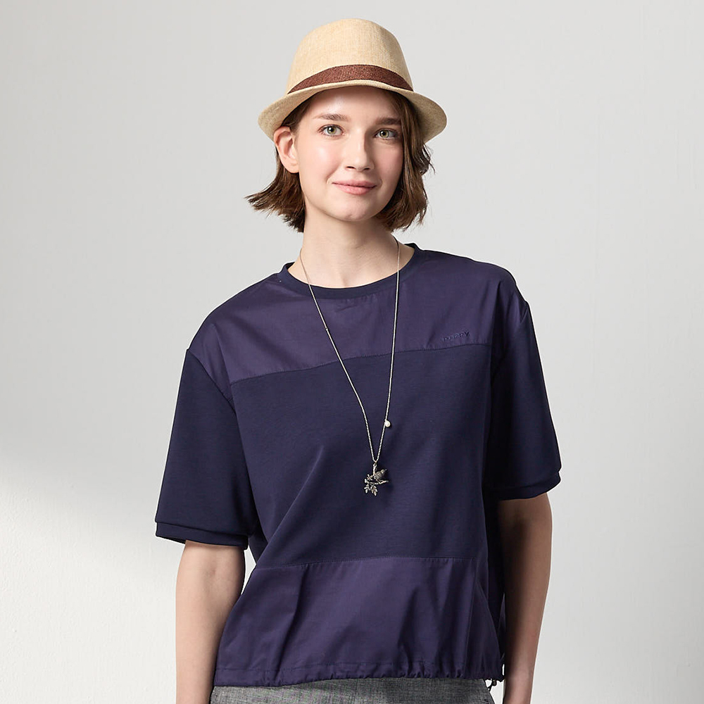 PIPPY 活潑剪接圓領落肩5分袖上衣 藍