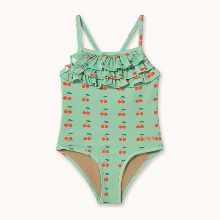（預購）TINYCOTTONS 層次領櫻桃後交叉連身泳衣 CHERRIES SWIMSUIT - washed emerald